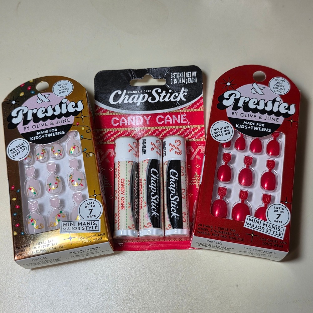 Olive & June Pressies Kids Nails Twinkle Lights Cherry Chrome & ChapStick Set